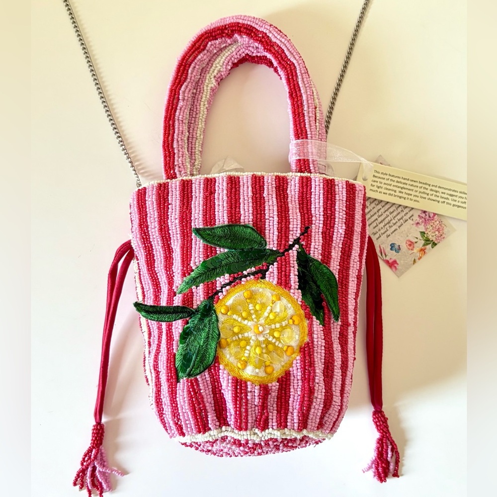 Lemon Pink & Red Striped Handbag Crossbody Beaded Bag Handcrafted In India